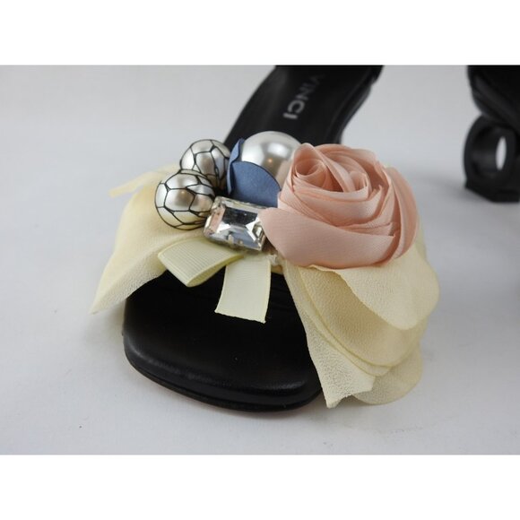 VINCI Black Leather Floral Embellished Ankle Strap Loop Heel Sandal Size 35 Turk - Picture 4 of 16